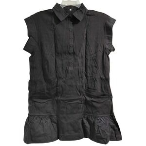 Womens Black Collared Sleeveless Shirt Dress Ruffle Hem Size L